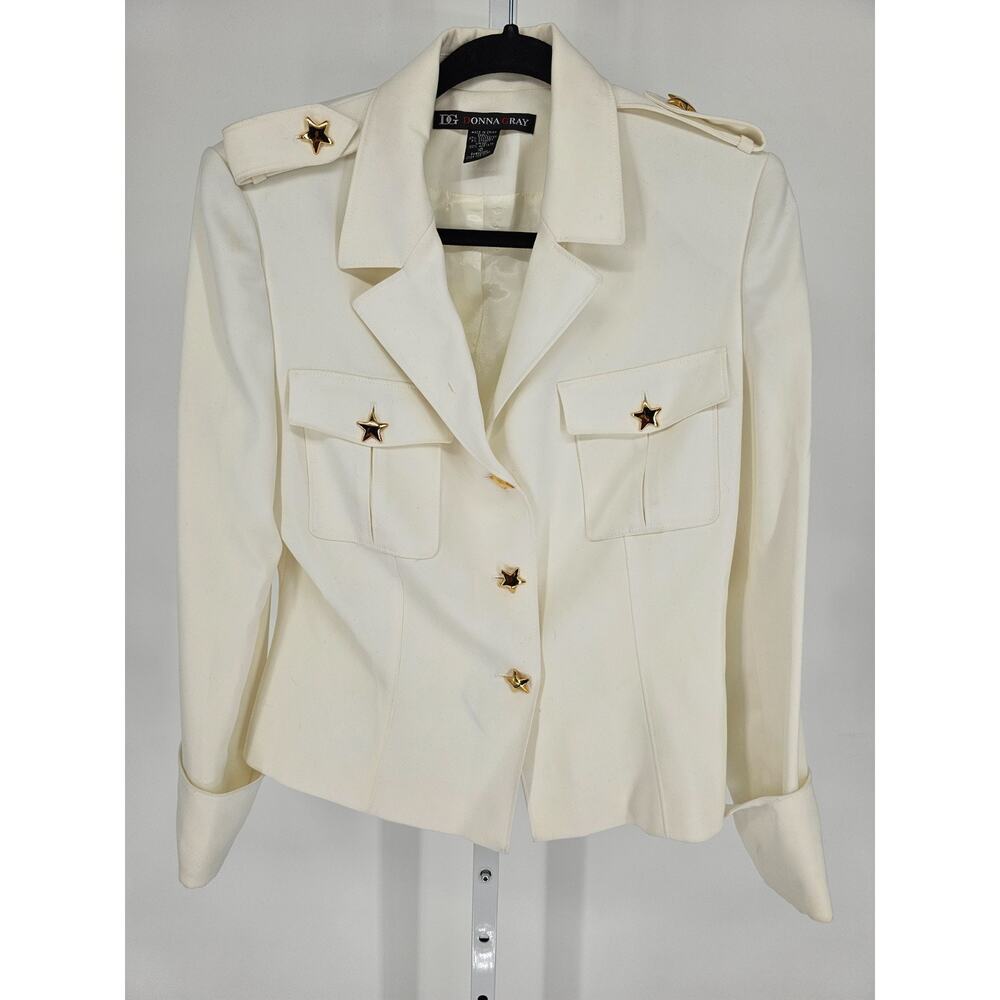 Vintage Donna Gray Womens Sz 10 Military Style Blazer Jacket Cream Star Buttons